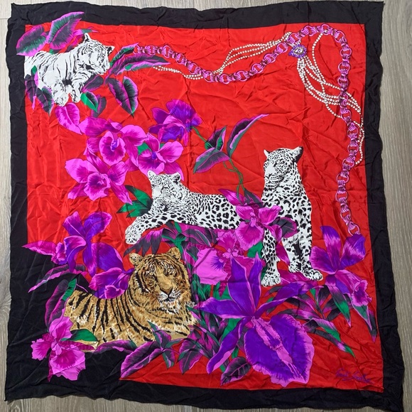 Vintage Designer Gant Gaither large Lion leopard floral scarf